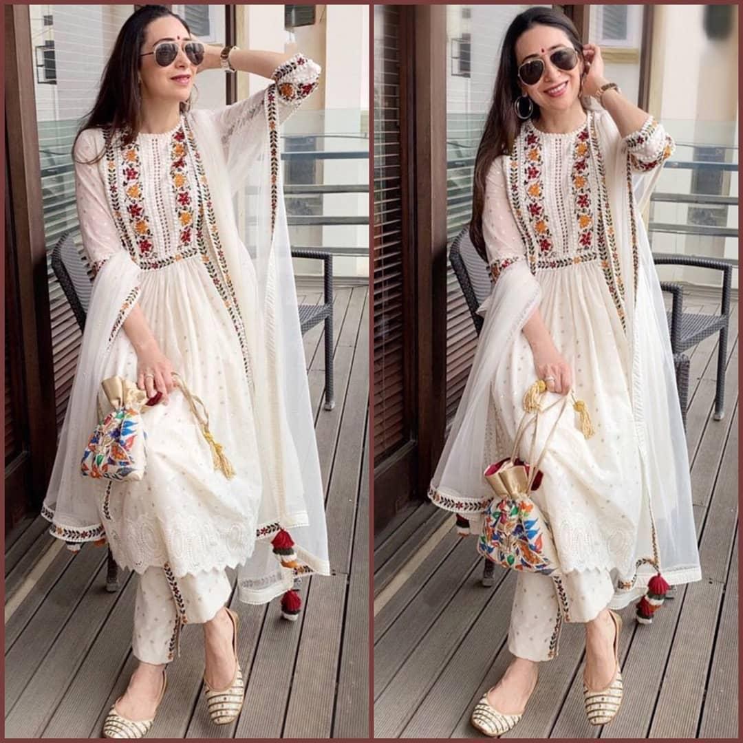 White georgette multi thread embroidered plazzo kurti