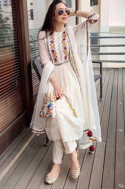 White georgette multi thread embroidered plazzo kurti