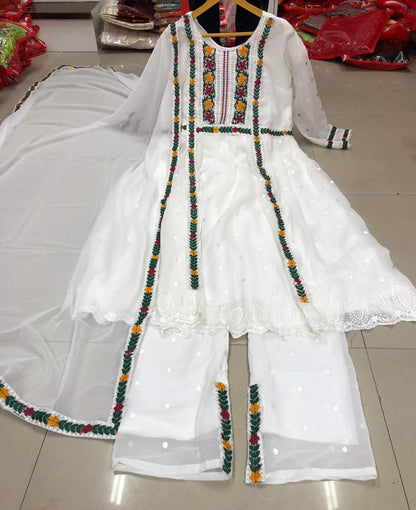 White georgette multi thread embroidered plazzo kurti