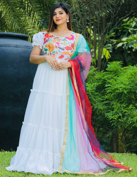White georgette multi thread embroidered ruffle flair gown