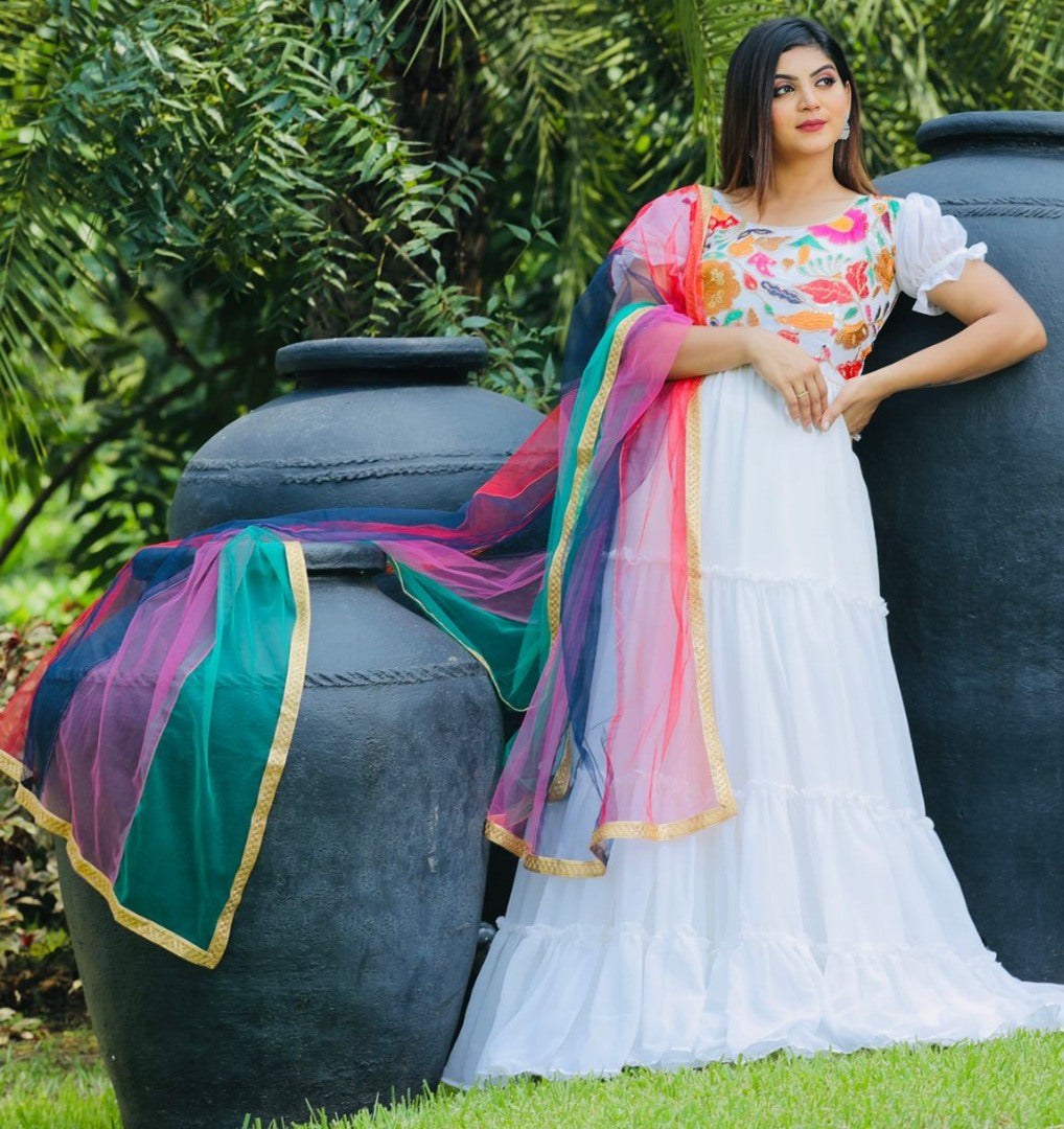 White georgette multi thread embroidered ruffle flair gown
