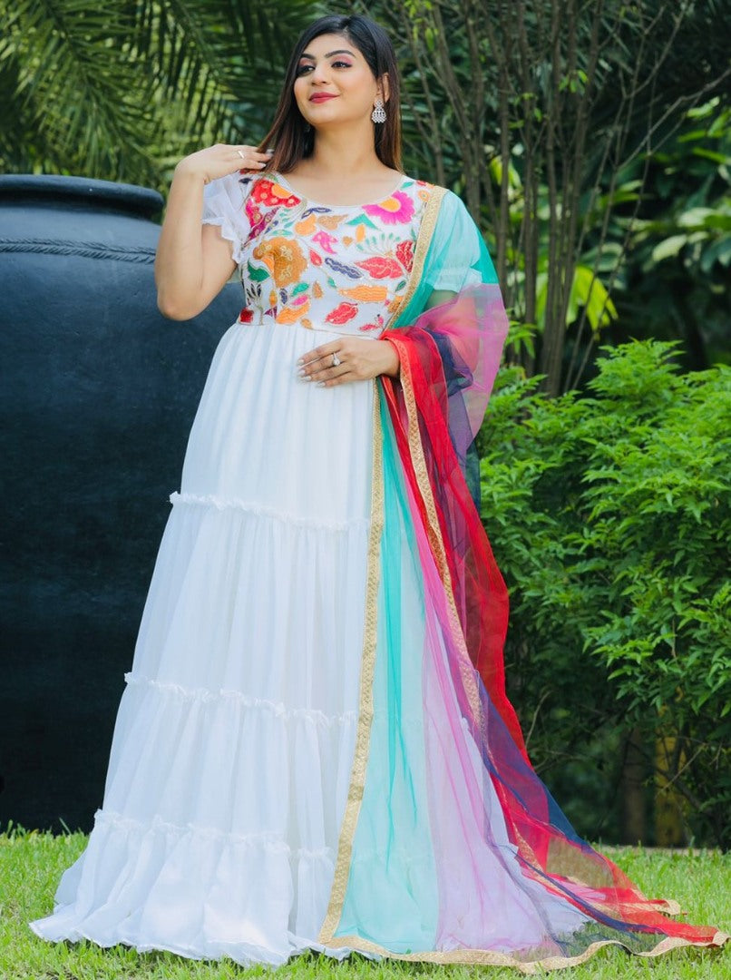 White georgette multi thread embroidered ruffle flair gown