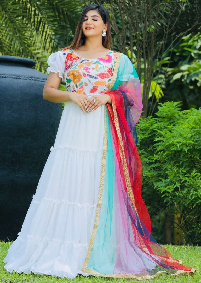 White georgette multi thread embroidered ruffle flair gown