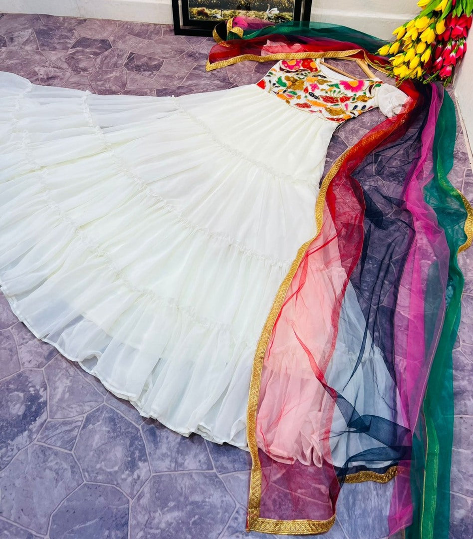 White georgette multi thread embroidered ruffle flair gown