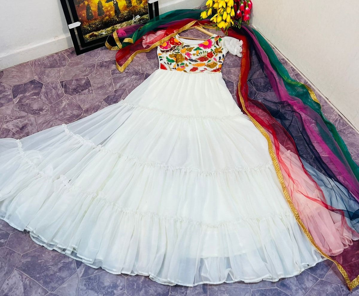 White georgette multi thread embroidered ruffle flair gown