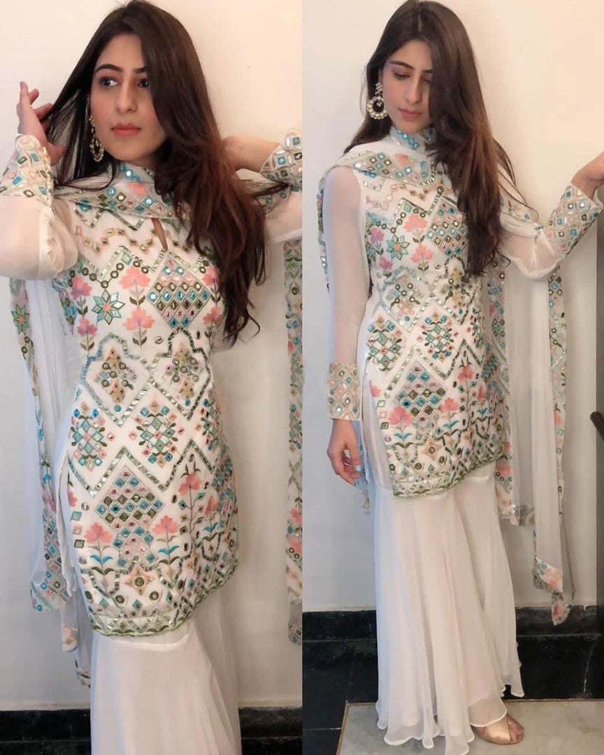 White georgette multi threadwork plazzo suit