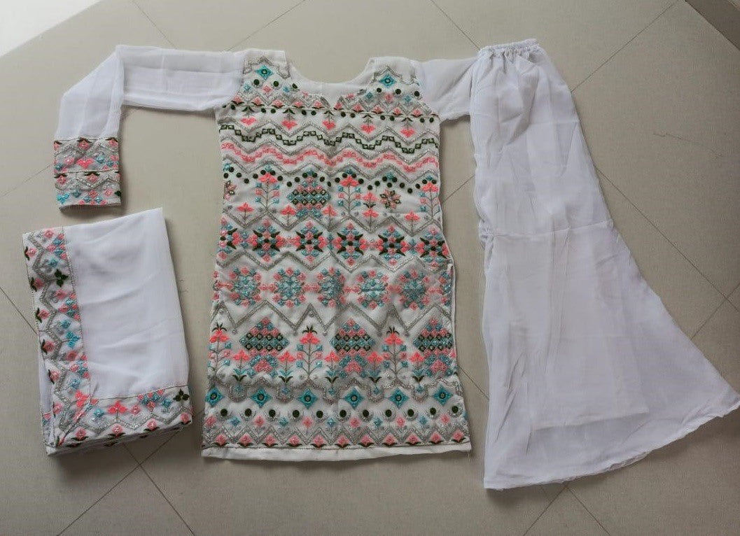 White georgette multi threadwork plazzo suit