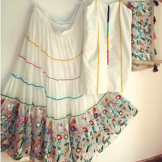 White georgette multicolor threadwork lehenga with heavy dupatta