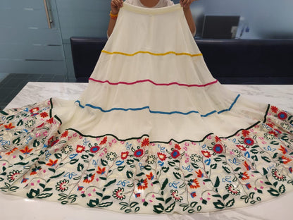 White georgette multicolor threadwork lehenga with heavy dupatta