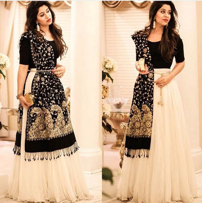White georgette partywear lehenga with heavy embroidered dupatta