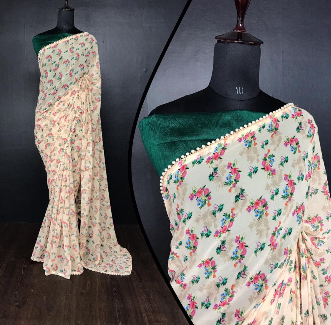 White georgette pearl lace border floral printed work saree