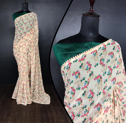 White georgette pearl lace border floral printed work saree
