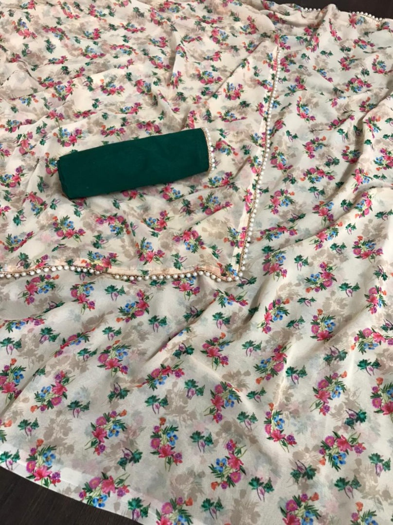 White georgette pearl lace border floral printed work saree