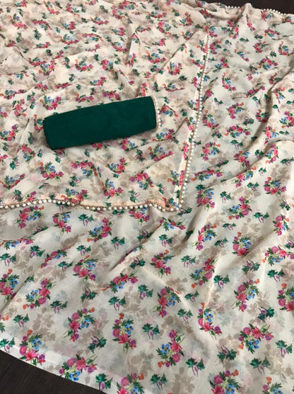 White georgette pearl lace border floral printed work saree