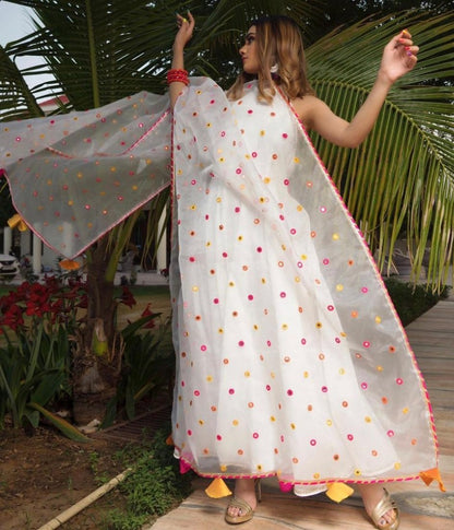 White georgette plain gown with stylist dupatta