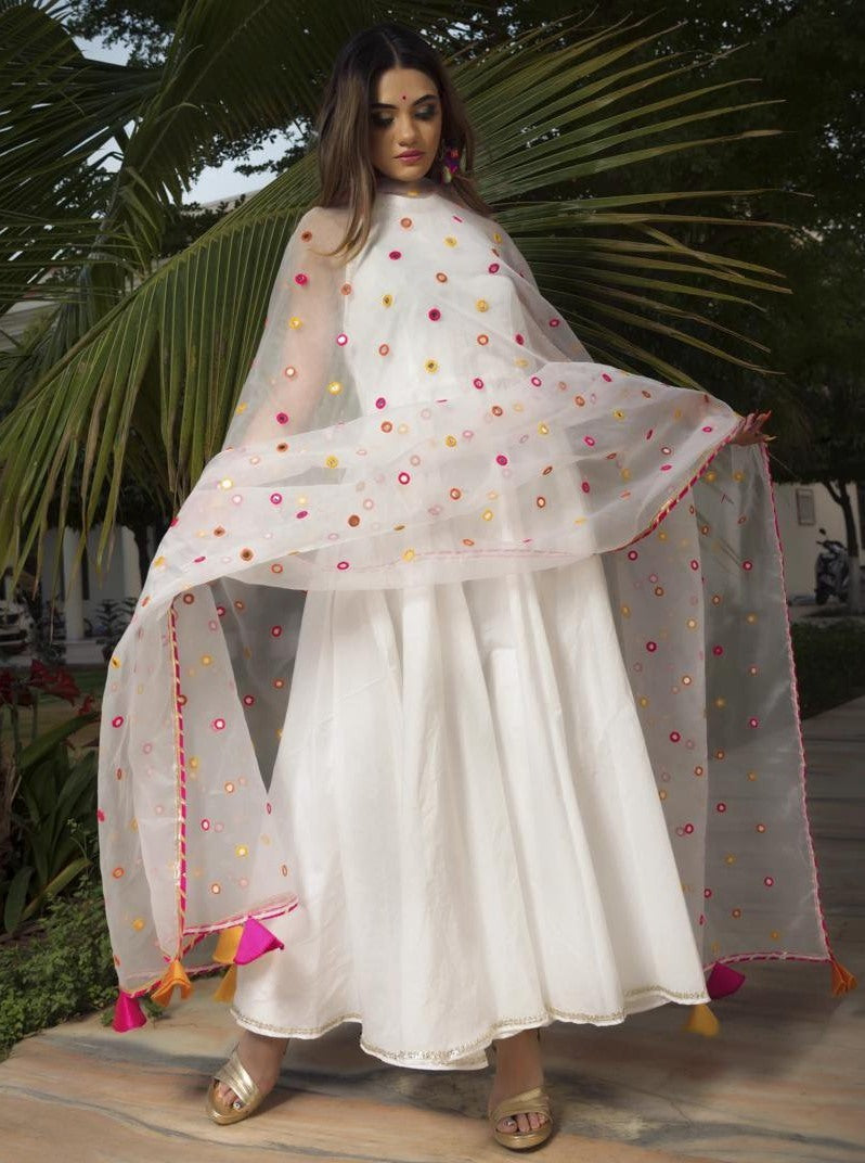 White georgette plain gown with stylist dupatta