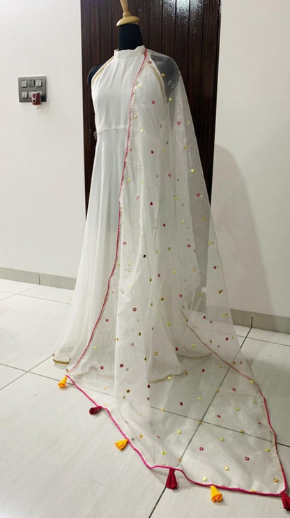 White georgette plain gown with stylist dupatta