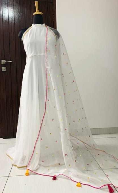 White georgette plain gown with stylist dupatta