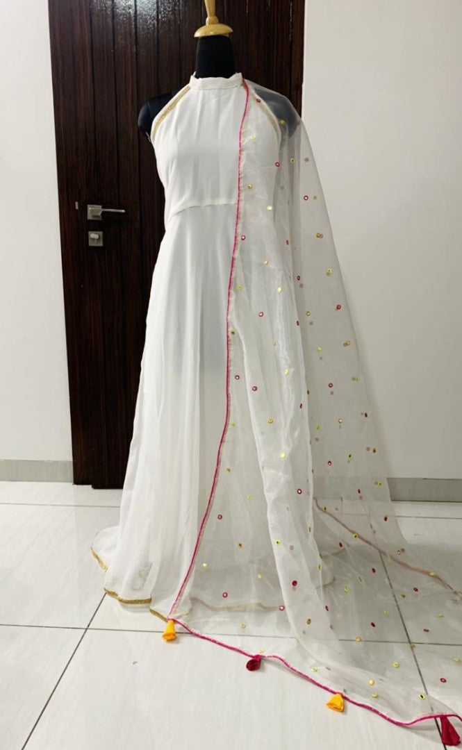 White georgette plain gown with stylist dupatta
