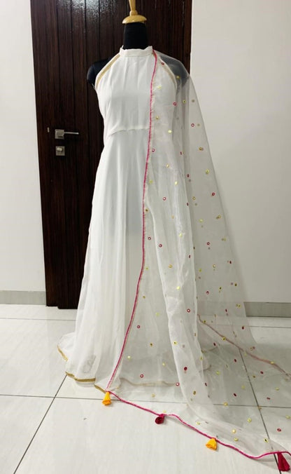 White georgette plain gown with stylist dupatta