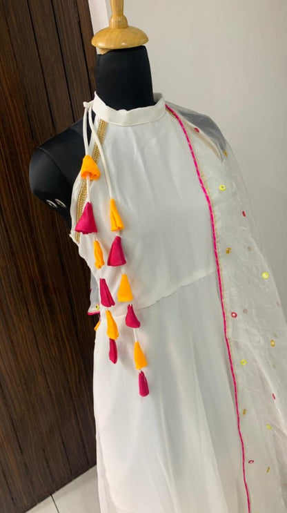 White georgette plain gown with stylist dupatta