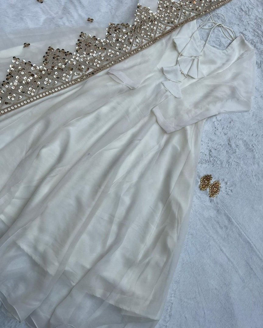 White georgette plain heavy umbrella flair gown