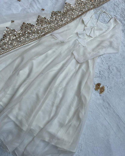 White georgette plain heavy umbrella flair gown