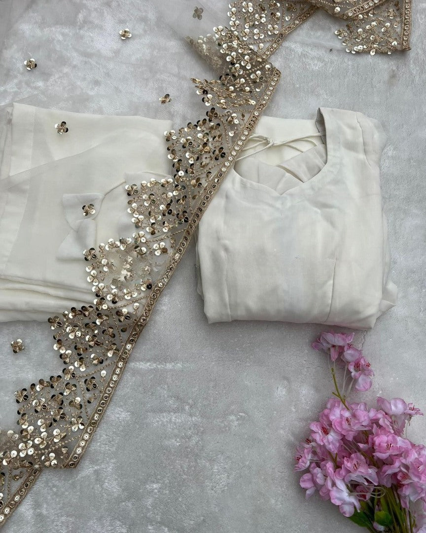 White georgette plain heavy umbrella flair gown