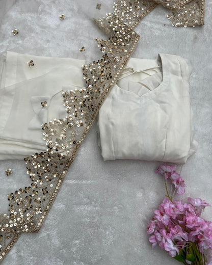 White georgette plain heavy umbrella flair gown