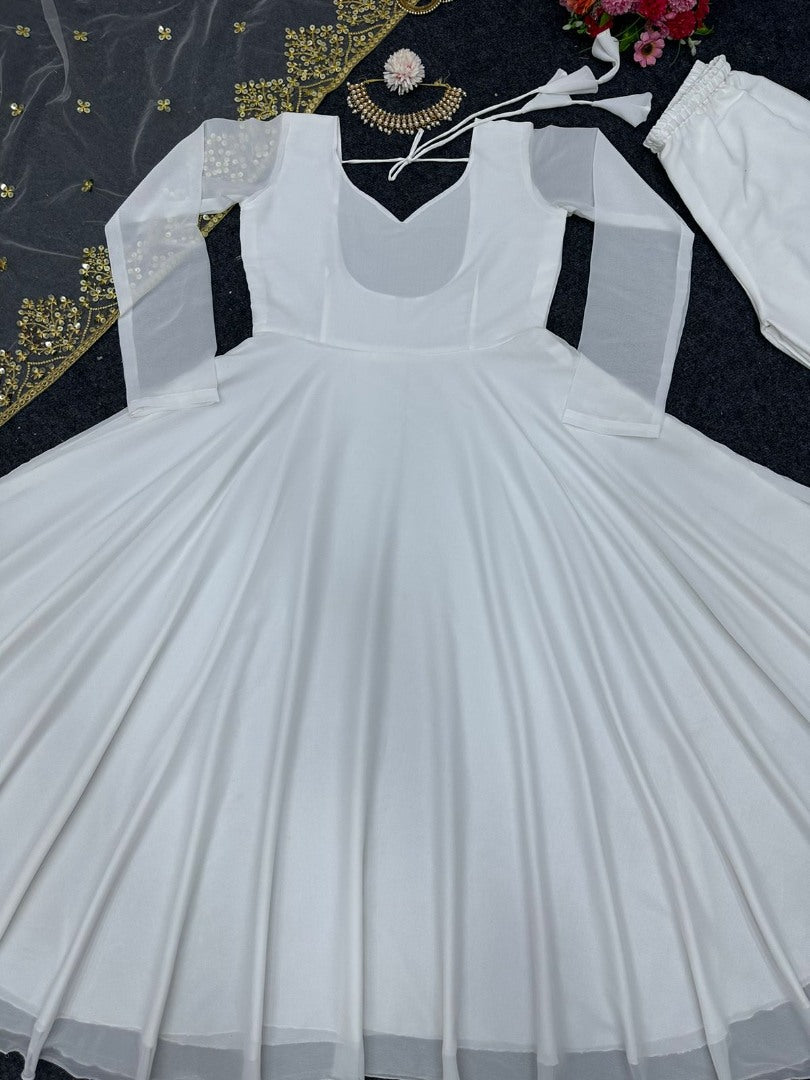 White georgette plain heavy umbrella flair gown