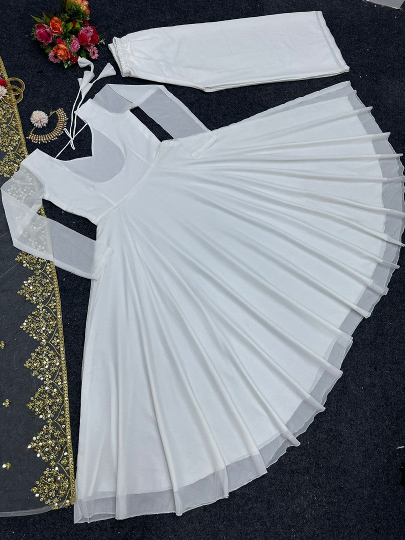 White georgette plain heavy umbrella flair gown