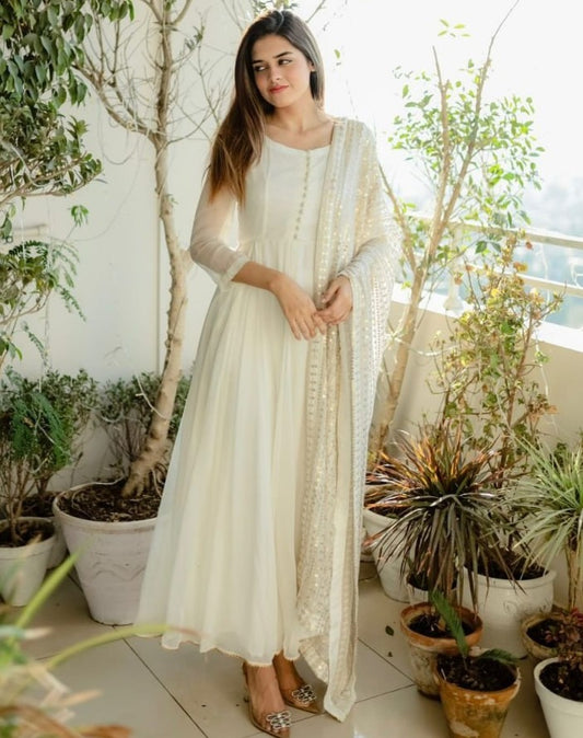 White georgette plain long anarkali suit with heavy sequence work dupatta