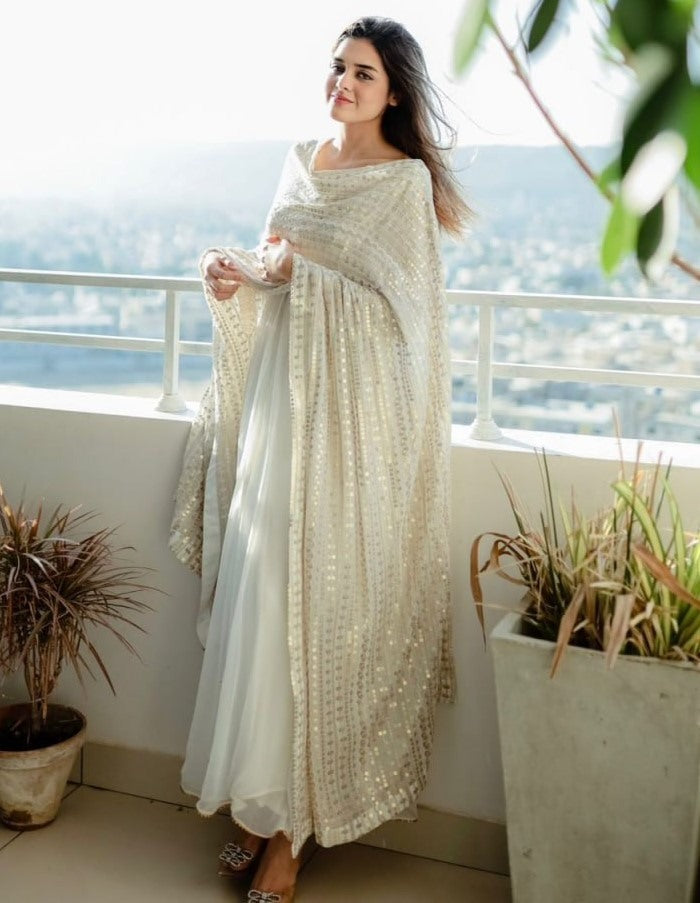 White georgette plain long anarkali suit with heavy sequence work dupatta