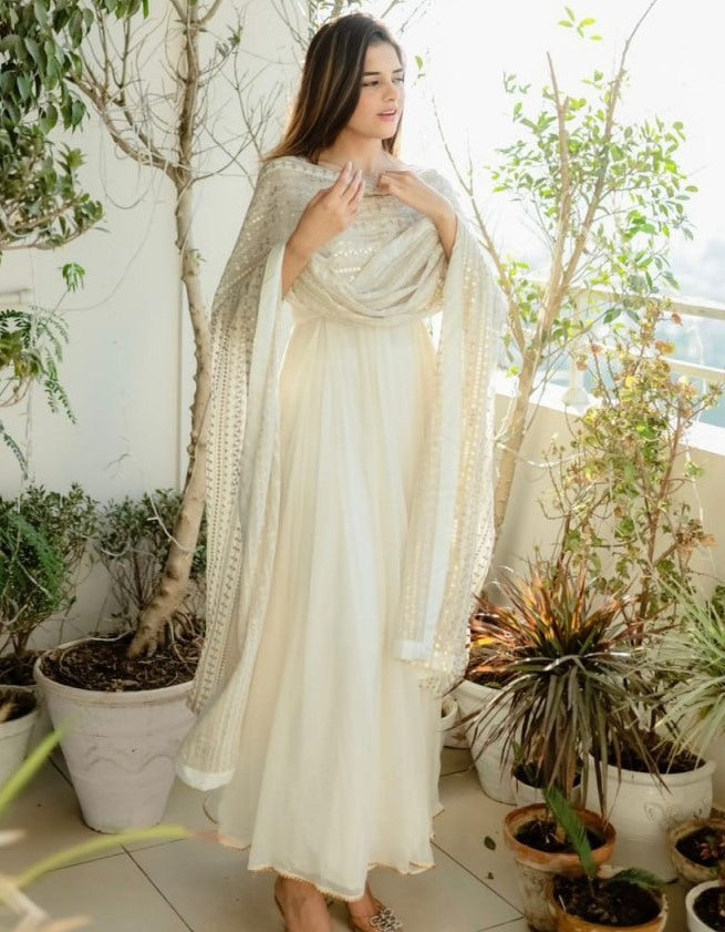White georgette plain long anarkali suit with heavy sequence work dupatta