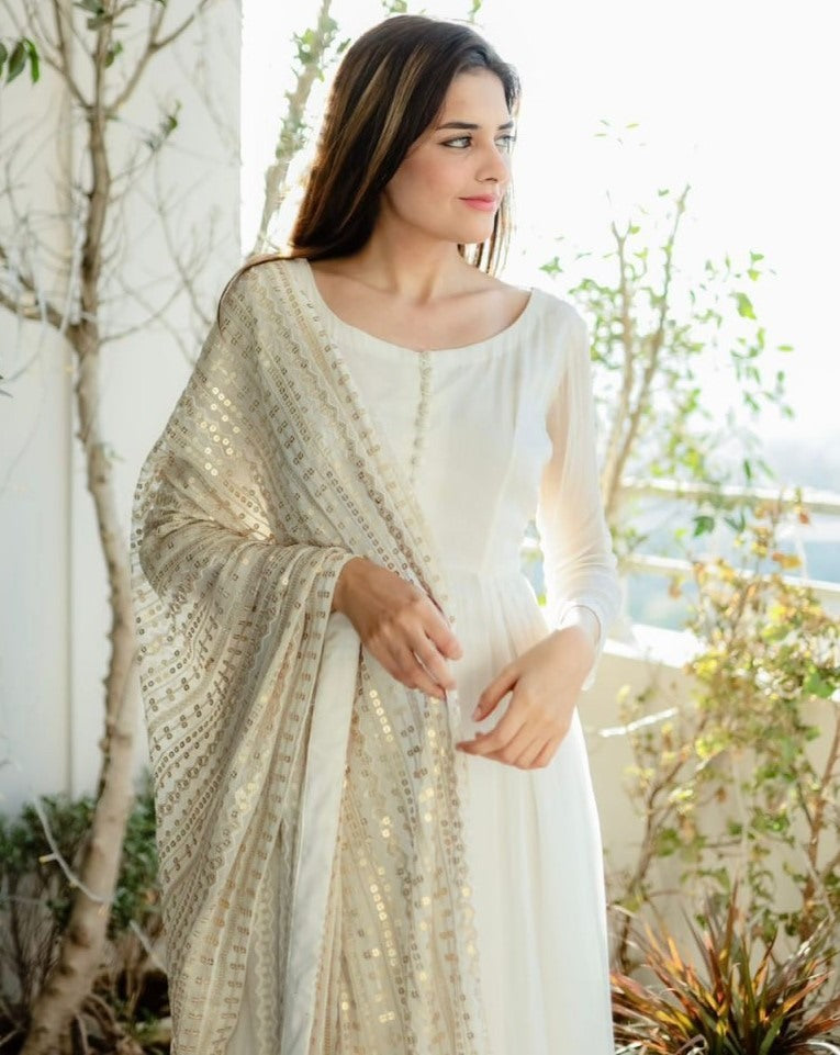 White georgette plain long anarkali suit with heavy sequence work dupatta
