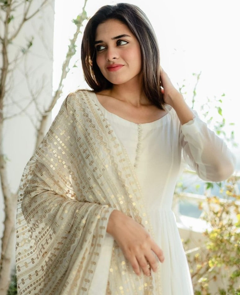 White georgette plain long anarkali suit with heavy sequence work dupatta