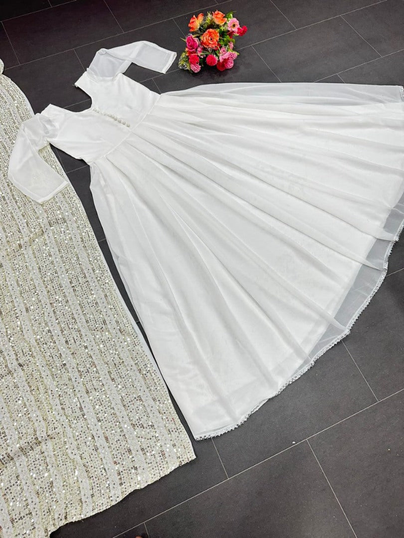 White georgette plain long anarkali suit with heavy sequence work dupatta