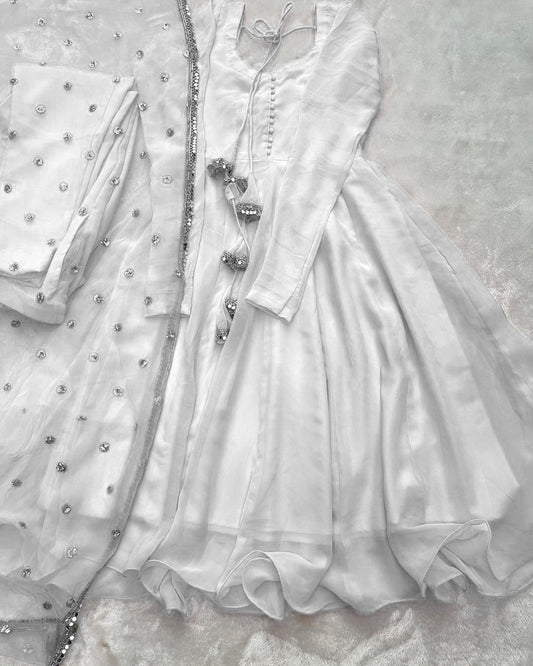 White georgette plain party wear anarkali suit