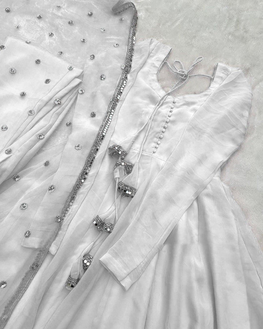 White georgette plain party wear anarkali suit