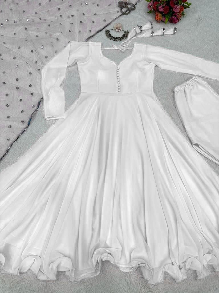 White georgette plain party wear anarkali suit