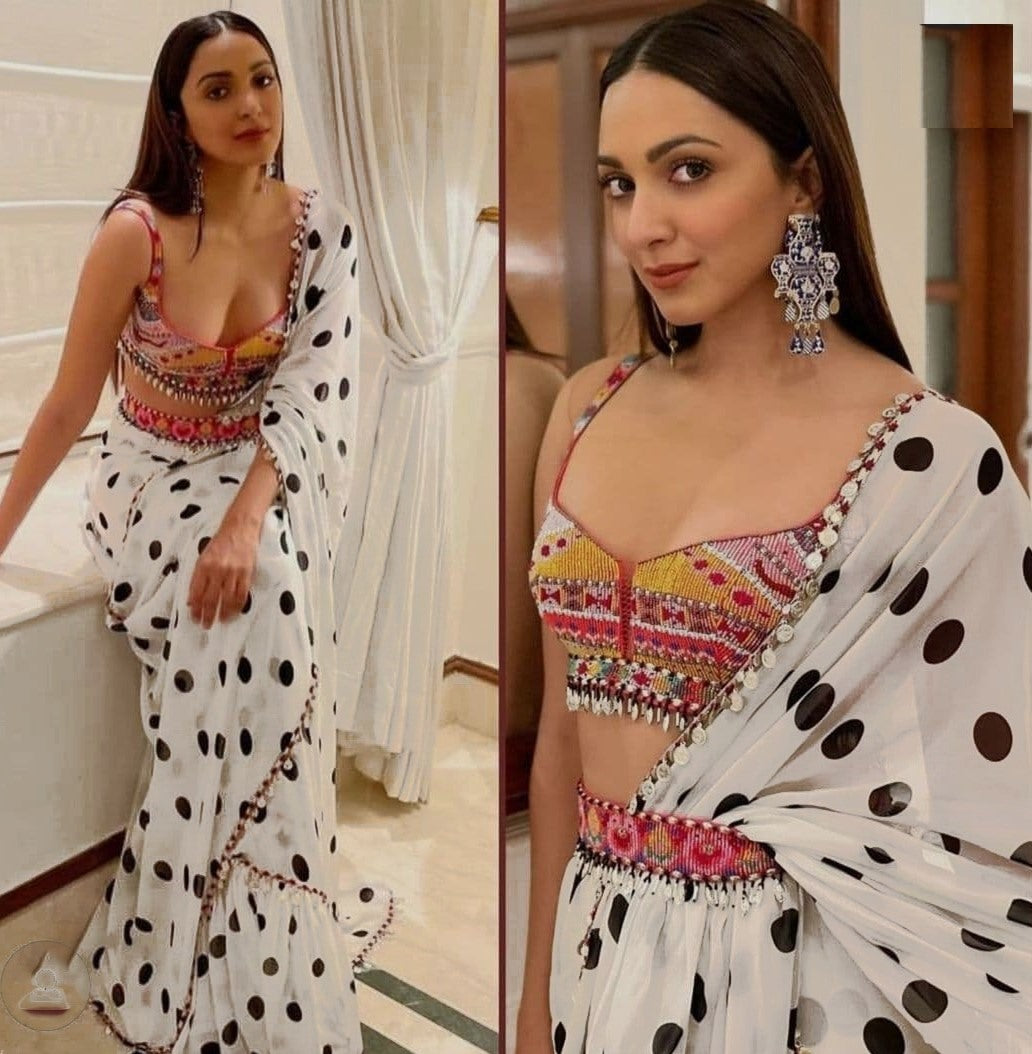 White georgette polka dot printed saree