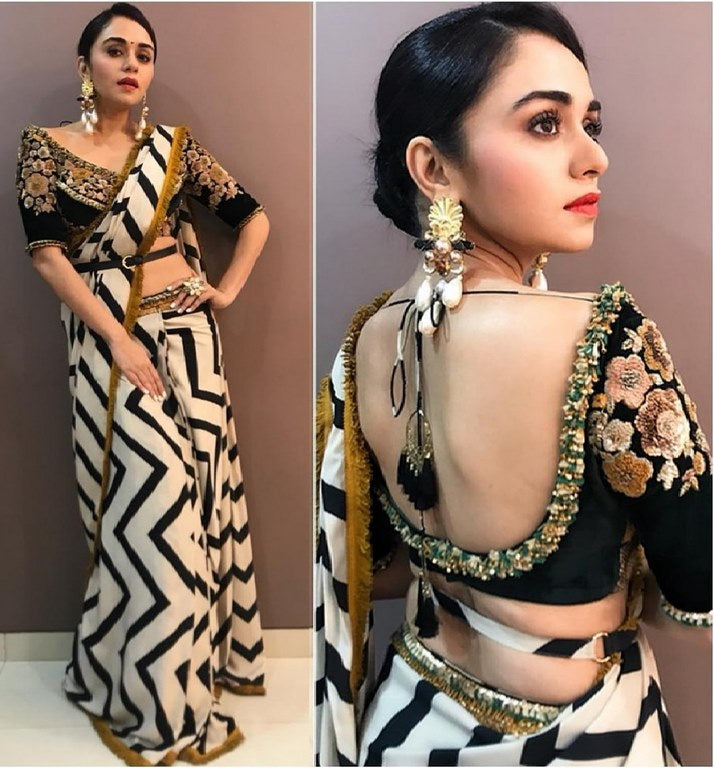 White georgette print partywear saree with embroidered blouse