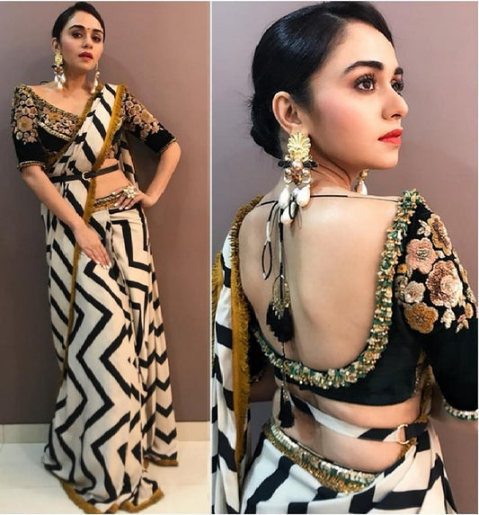 White georgette print partywear saree with embroidered blouse