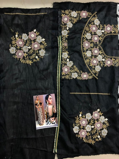 White georgette print partywear saree with embroidered blouse