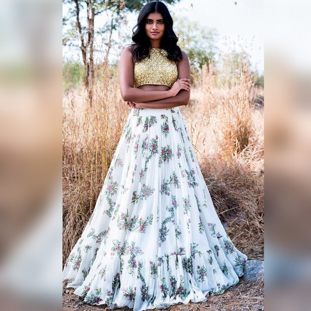 white georgette printed crop top lehenga