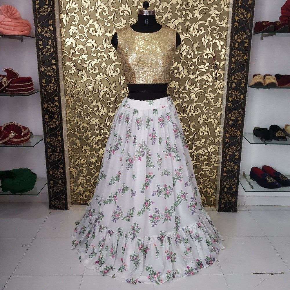 white georgette printed crop top lehenga
