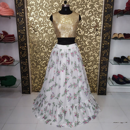 white georgette printed crop top lehenga