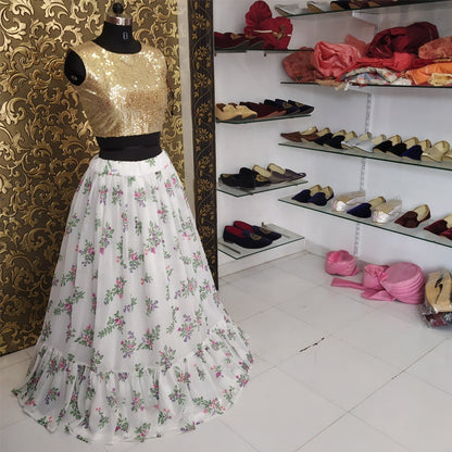 white georgette printed crop top lehenga