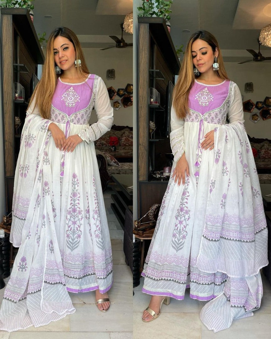 White georgette printed designer anarkali suit