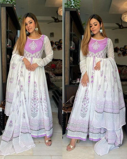 White georgette printed designer anarkali suit